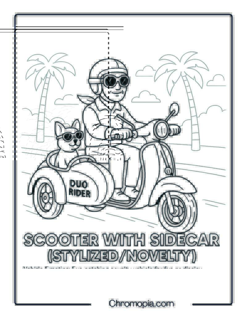 Scooter with Sidecar (StylizedNovelty) – Scooter Coloring Page