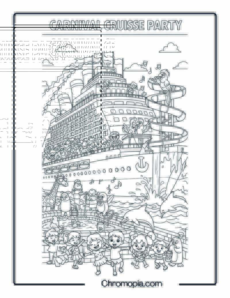 Carnival Cruise Ship Party with Kids and Dancing Animals Coloring Page