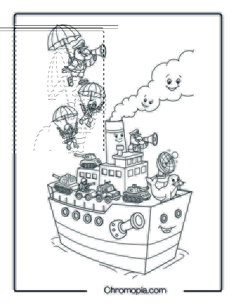 Cartoon Army Ship with Toy Soldiers and Vehicles Coloring Page