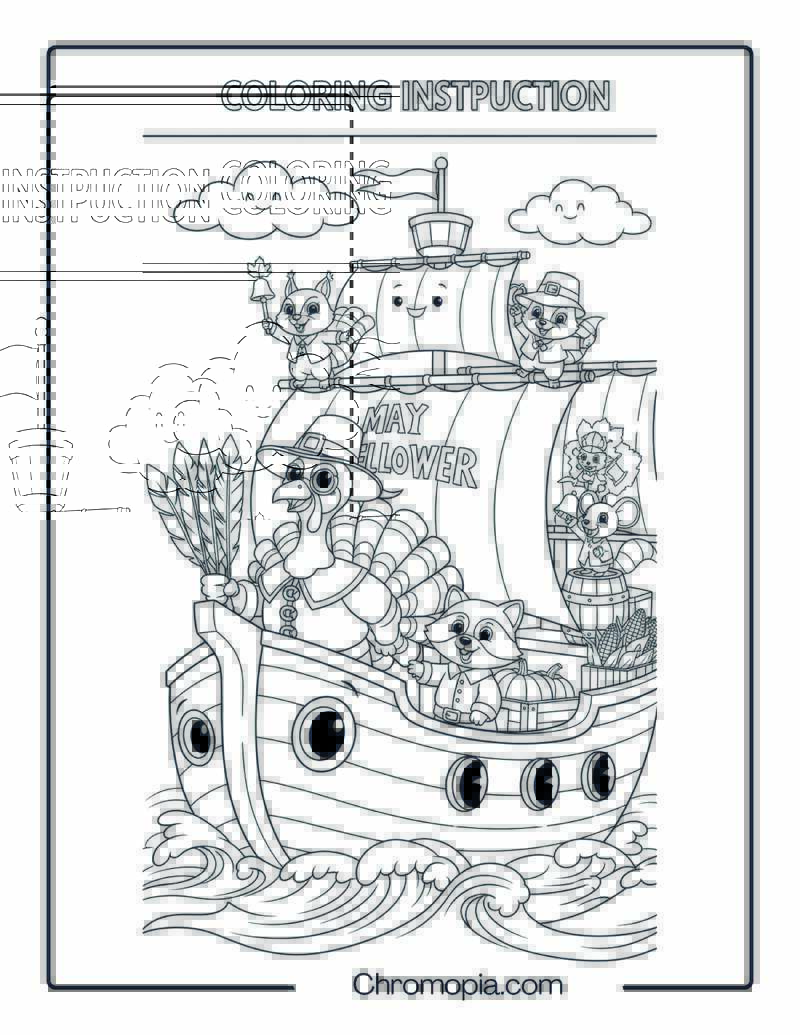 Cartoon Mayflower Ship with Animal Pilgrims Coloring Page
