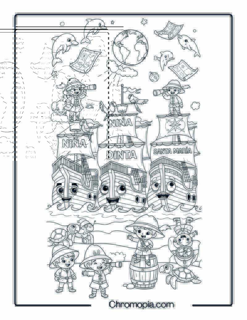 Columbus Ship Fleet with Curious Cartoon Explorers Coloring Page