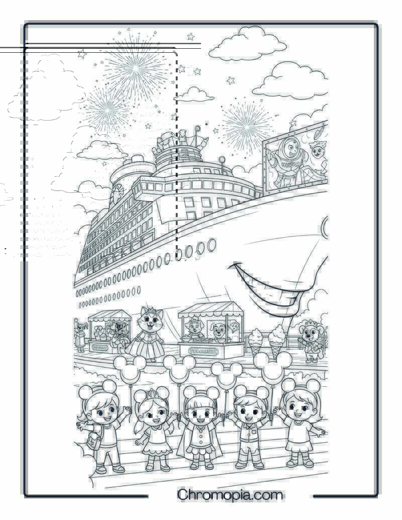 Disney Cruise Ship with Cartoon Characters and Kids Coloring Page