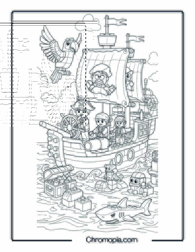 LEGO Pirate Ship with Kids and Brick Parrot Coloring Page