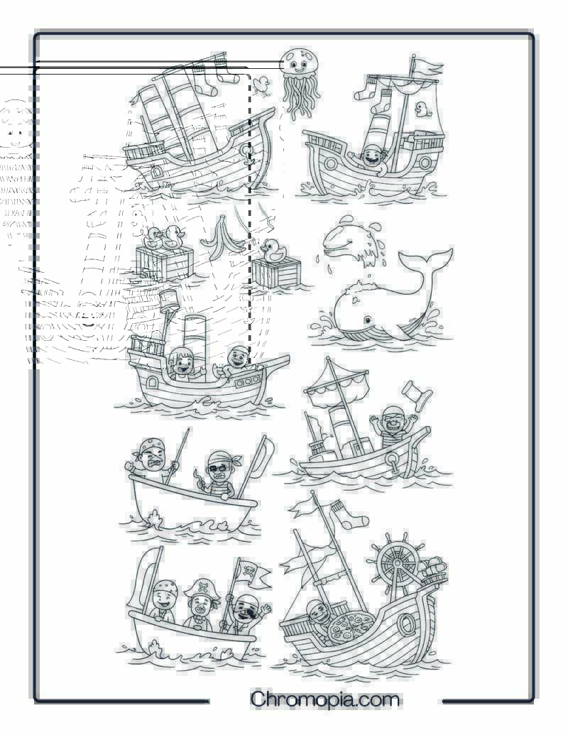 Multiple Funny Sinking Ships with Survivors and Floating Objects Coloring Page