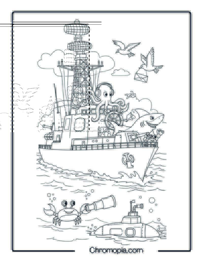 Navy Ship with Silly Sea Creatures on Patrol Coloring Page