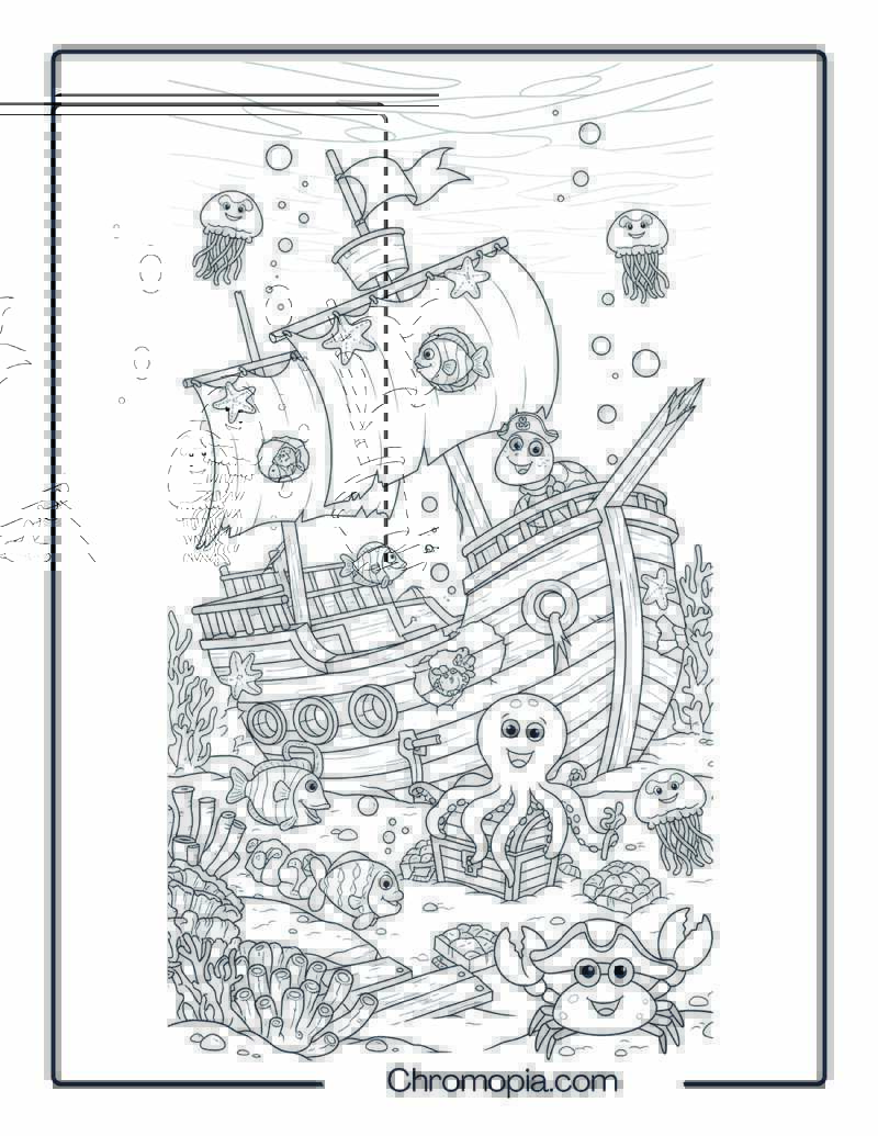 Sunken Pirate Ship with Happy Underwater Animals Coloring Page
