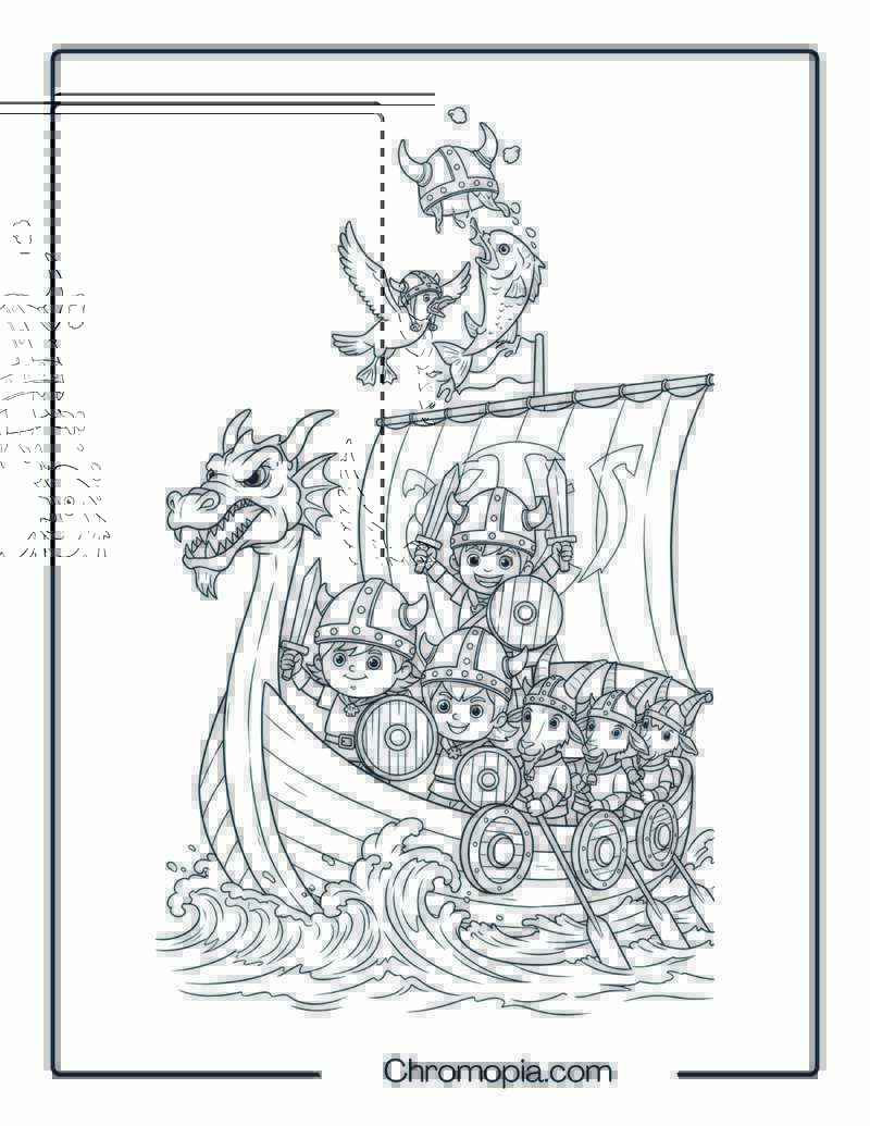 Viking Ship with Silly Viking Kids and Goats Coloring Page