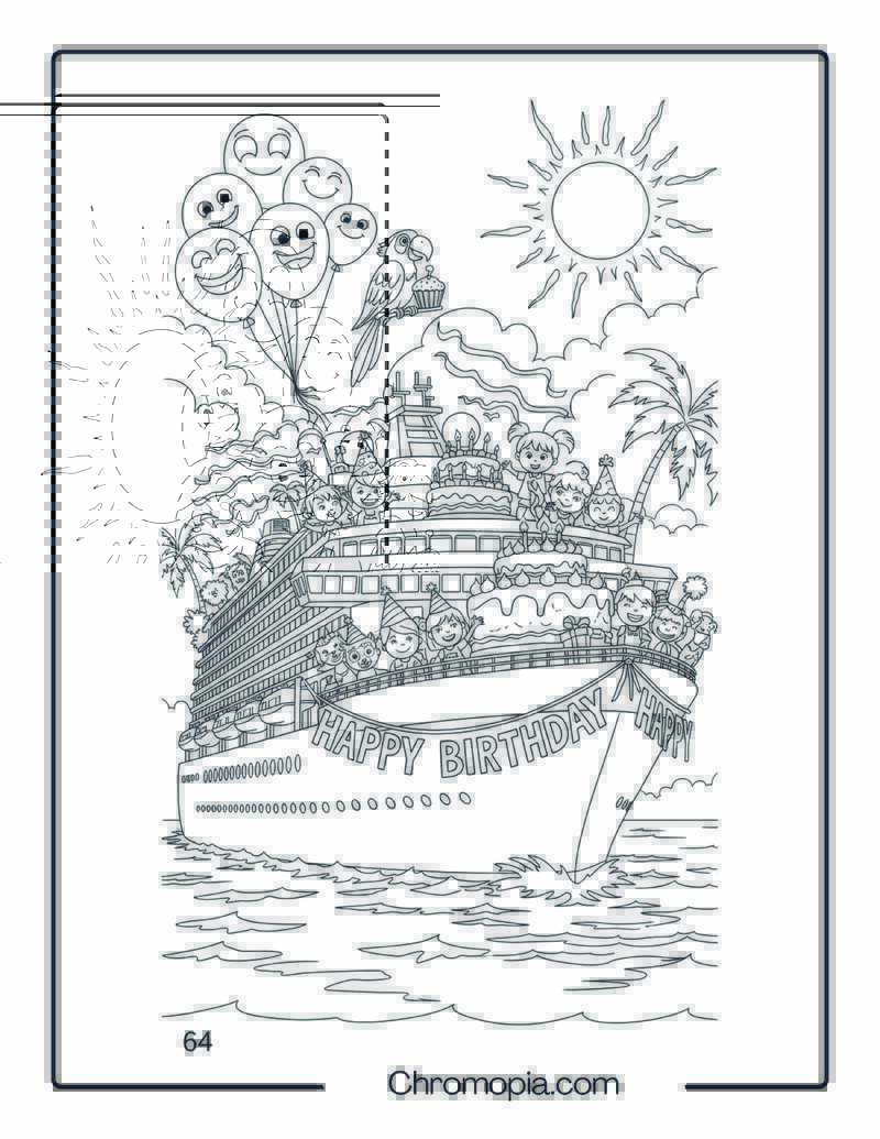 Birthday Party Cruise Ship with Kids and Balloons Coloring Page