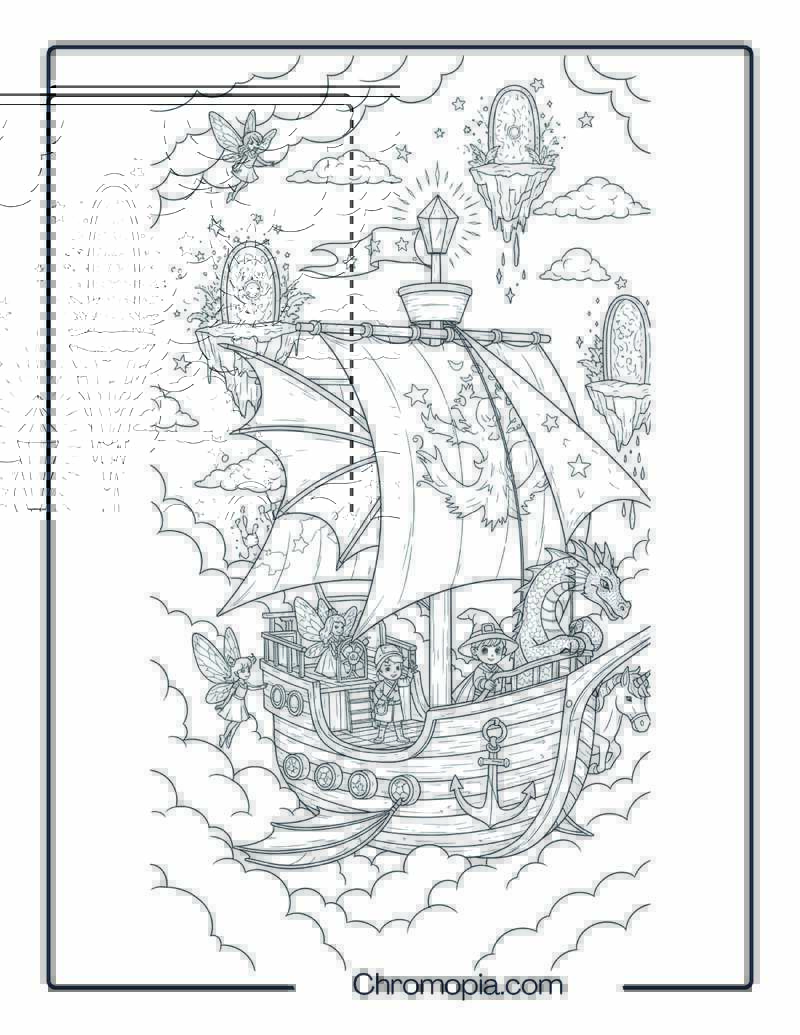 Fantasy Flying Ship with Dragons and Fairies Coloring Page