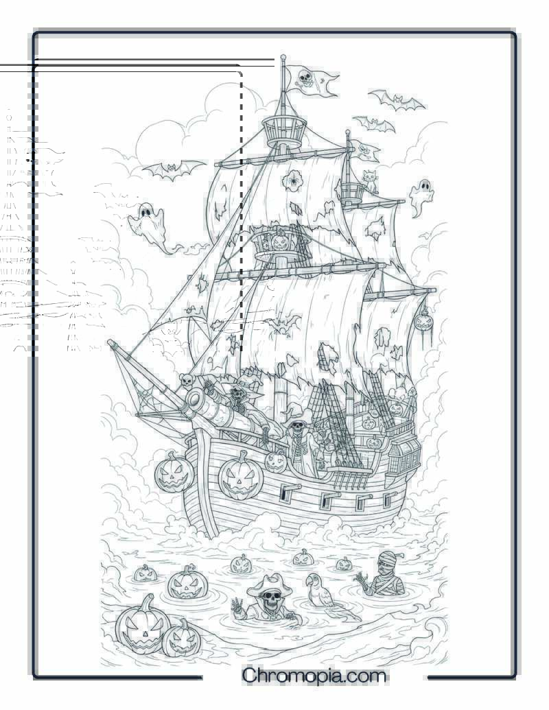 Halloween Haunted Pirate Ship Coloring Page