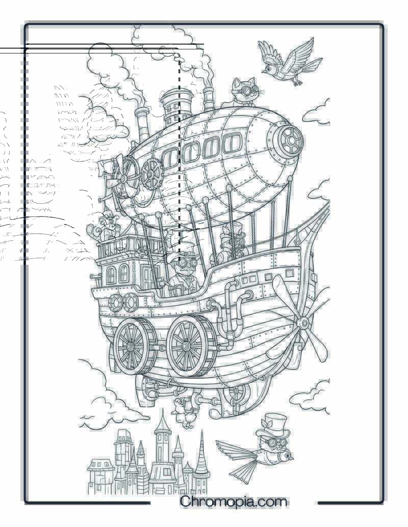 Mechanical Steampunk Airship Coloring Page