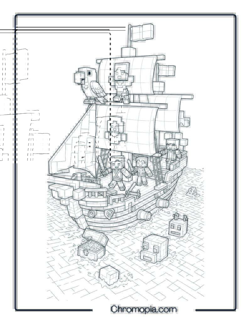 Minecraft-Style Blocky Pirate Ship Coloring Page