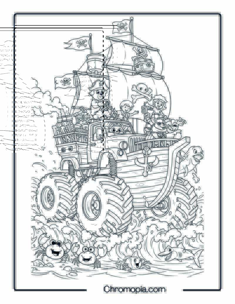 Monster Truck Pirate Ship Hybrid Coloring Page