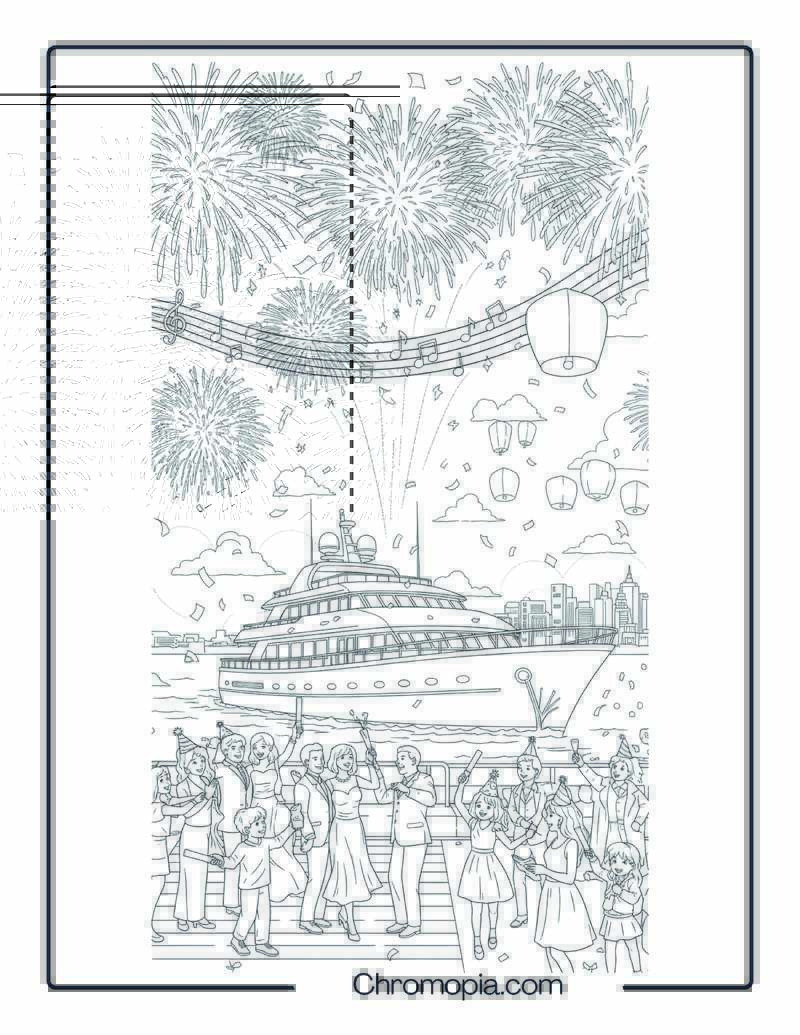 New Year Celebration Ship Fireworks Scene Coloring Page