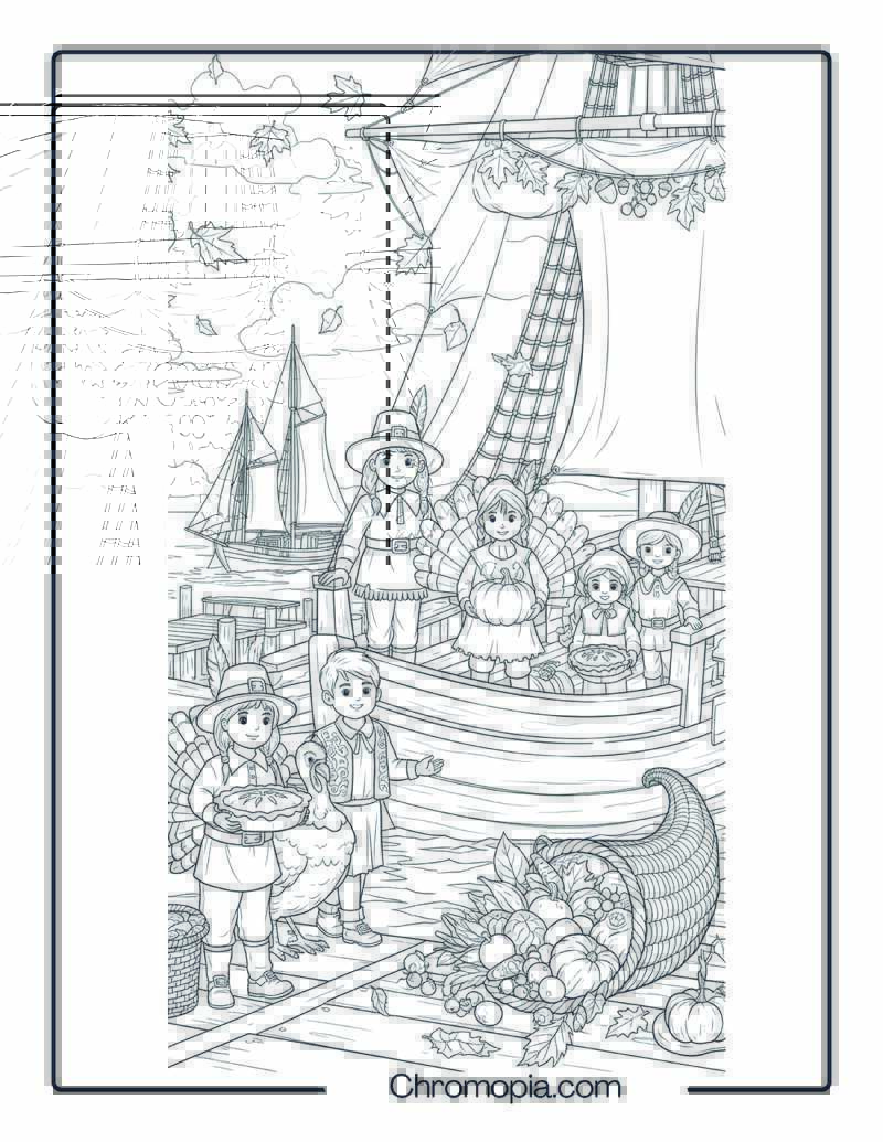 Thanksgiving Feast on a Colonial Ship Coloring Page