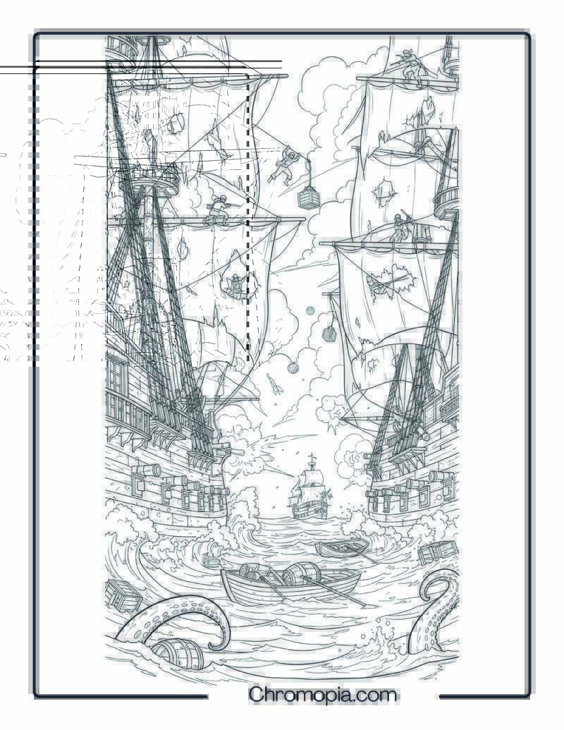 Epic Pirate Ship Battle at Sea Coloring Page