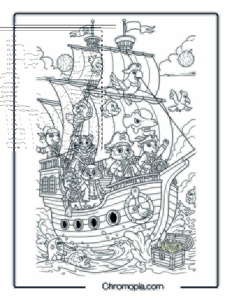 Funny Pirate Ship with Animal Crew Coloring Page