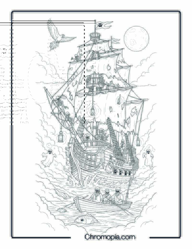 Ghostly Pirate Ship in the Fog Coloring Page