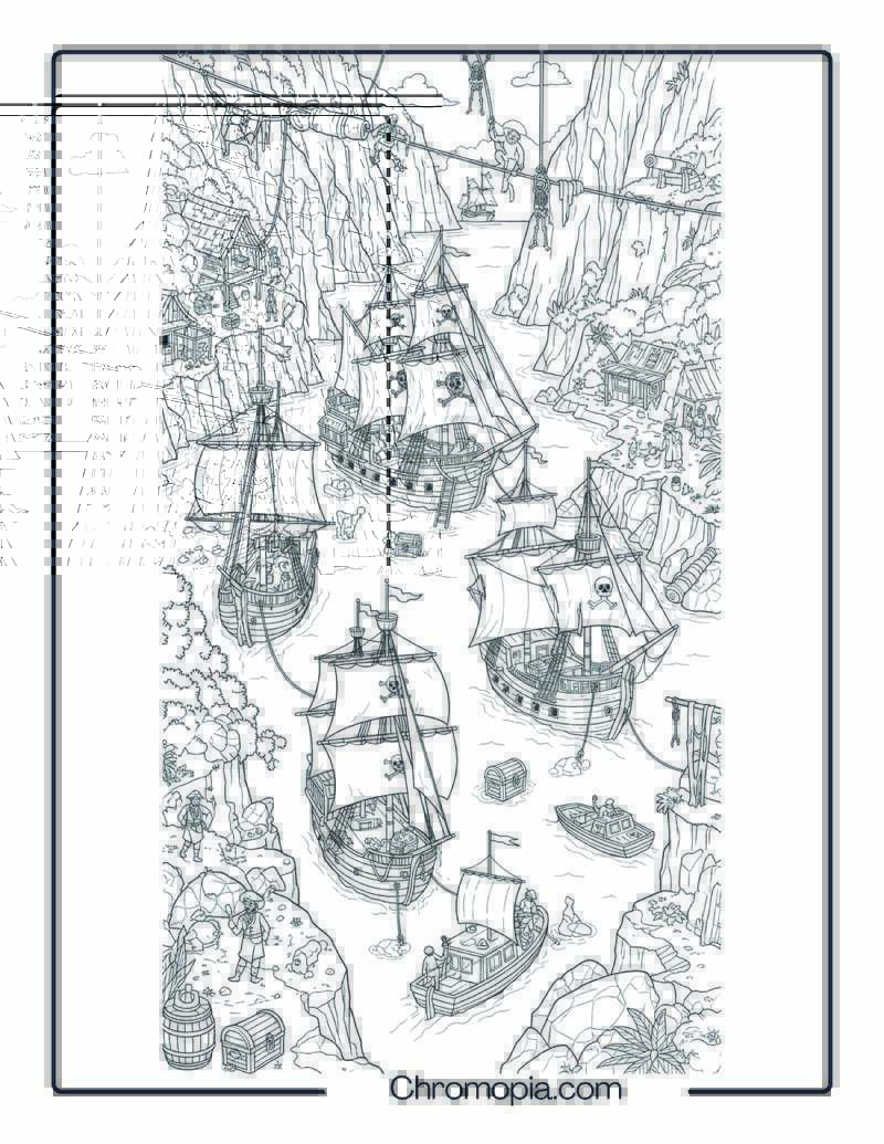 Pirate Cove with Multiple Pirate Ships Coloring Page