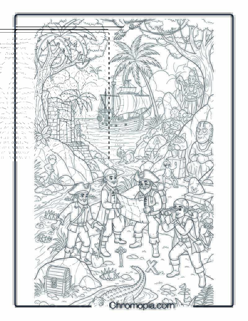 Pirate Treasure Hunt Island Scene Coloring Page