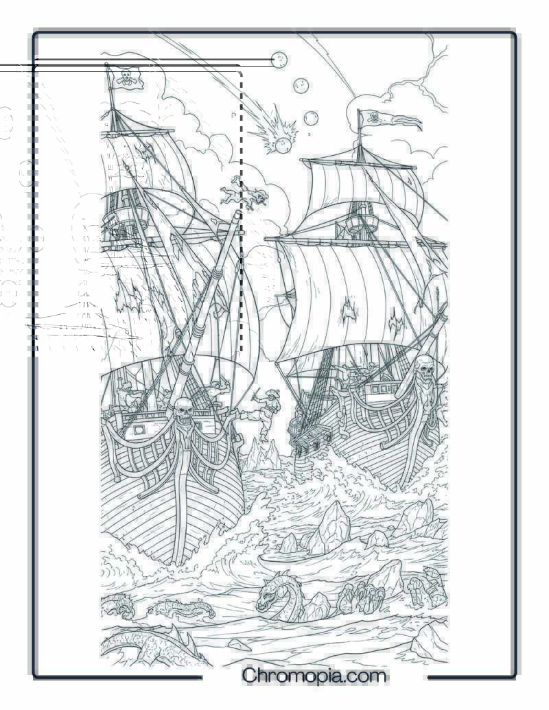 Pirates of the Caribbean-Inspired Ship Chase Coloring Page