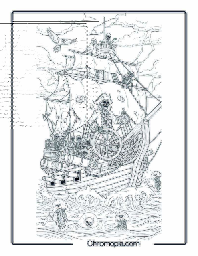 Skeleton Pirate Ship Crew at Sea Coloring Page