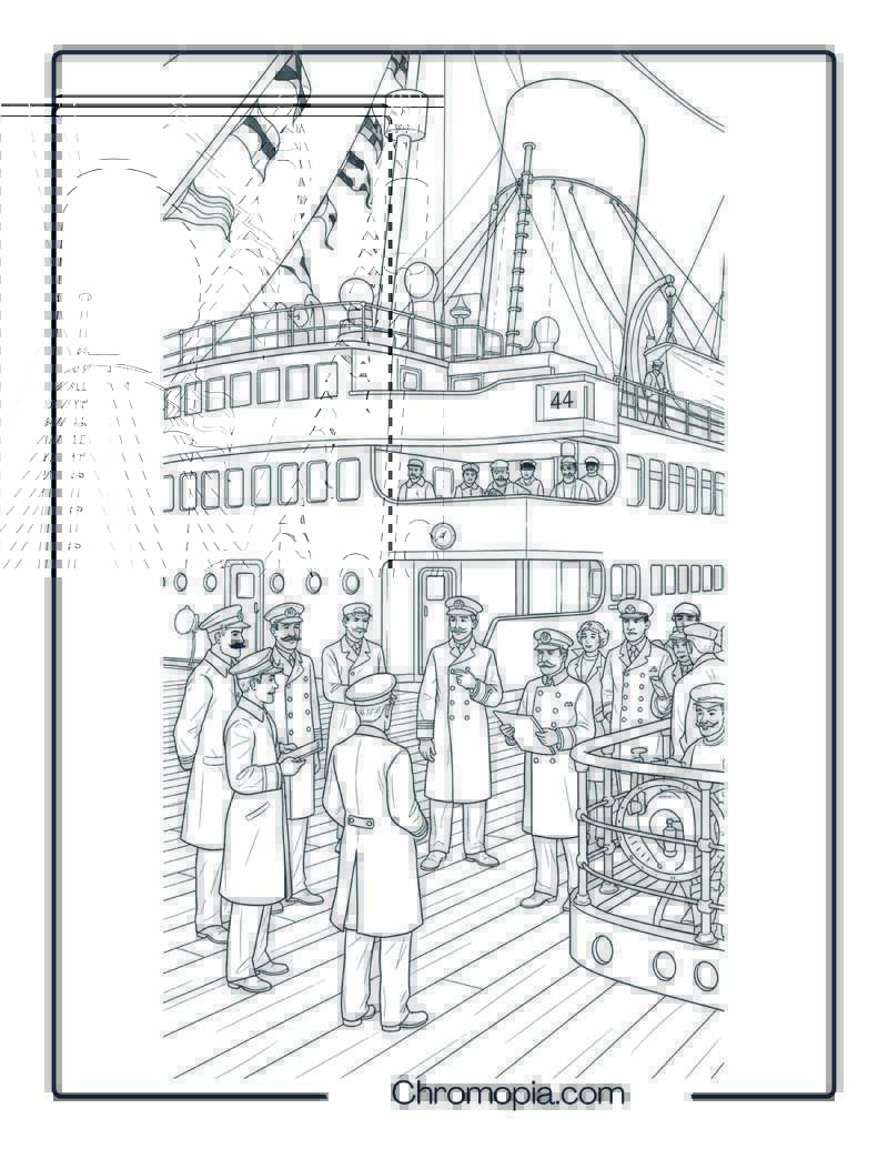 Captain and Crew Meeting on Deck Titanic ship Coloring sheet