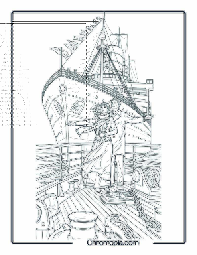 Iconic Bow Pose – Realistic Couple Scene Titanic ship Coloring Page