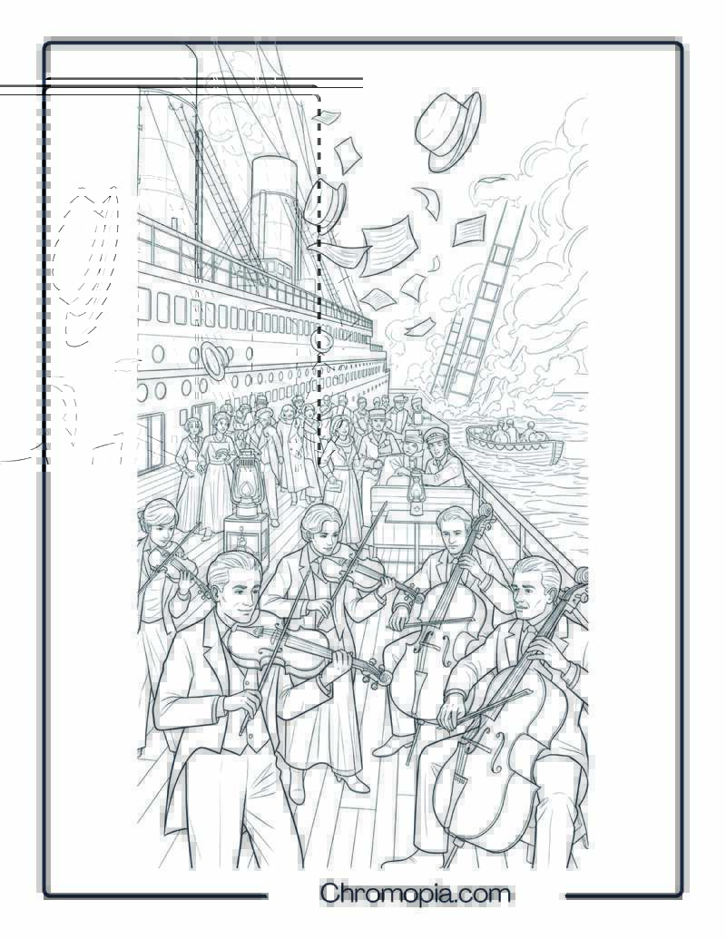 Titanic Orchestra Plays as Ship Sinks Coloring Page