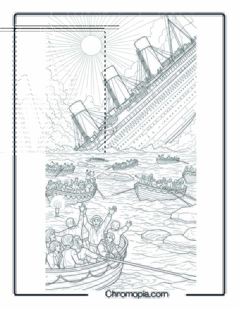 Titanic ship Sinking – Daylight Scene with Lifeboats Coloring Page