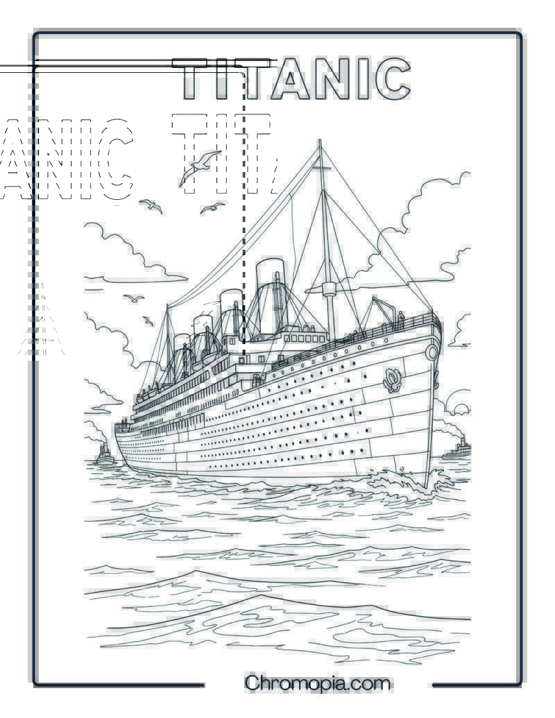 Titanic ship at Sea – Full Side View Coloring Page