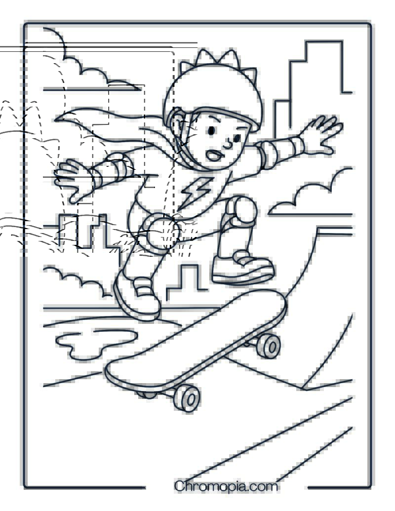 Boy in Superhero Costume Doing a Kickflip – Boy Skateboard Coloring Page