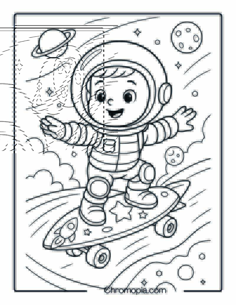 Preschool Boy Dressed as Astronaut on Glow Skateboard – Boy Skateboard Coloring Page