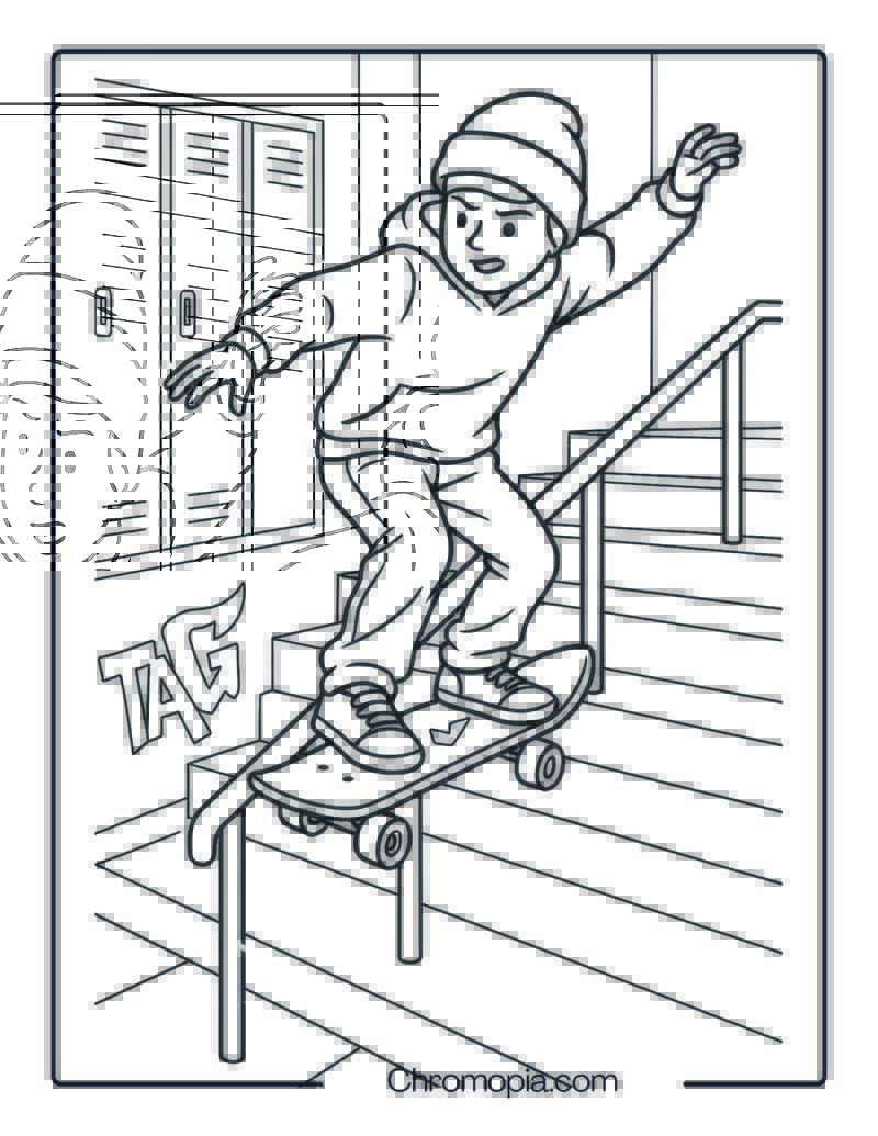 Teen Boy Grinding on Stair Rail – Boy Skateboard Coloring Page