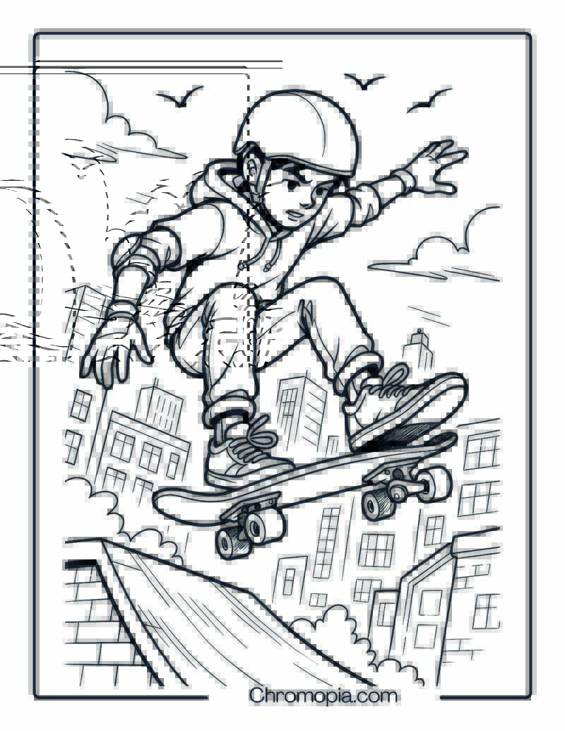Teen Skater Launching off Rooftop Ramp – Boy Skateboard Coloring Page