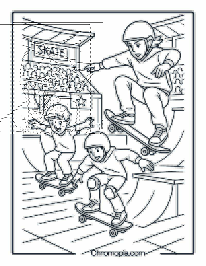 Three Boys Performing Synchronized Skate Tricks – Boy Skateboard Coloring Page