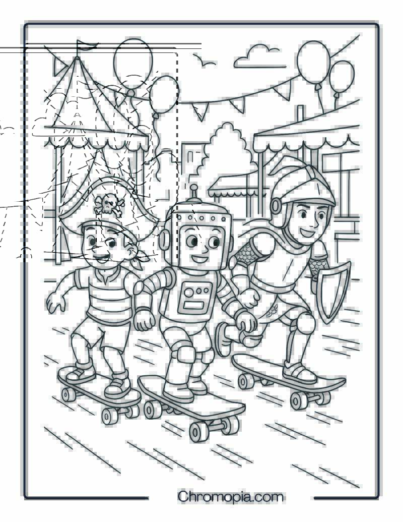 Trio of Boys in Costume Race – Boy Skateboard Coloring Page
