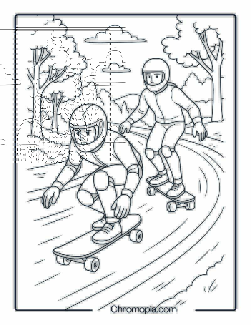 Two Boys Racing Downhill on Longboards – Boy Skateboard Coloring Page