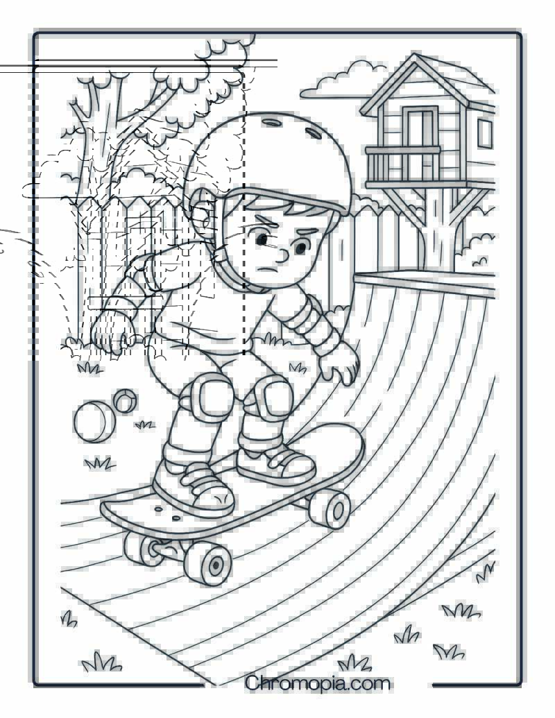 Young Boy Practicing on Backyard Ramp – Boy Skateboard Coloring Page