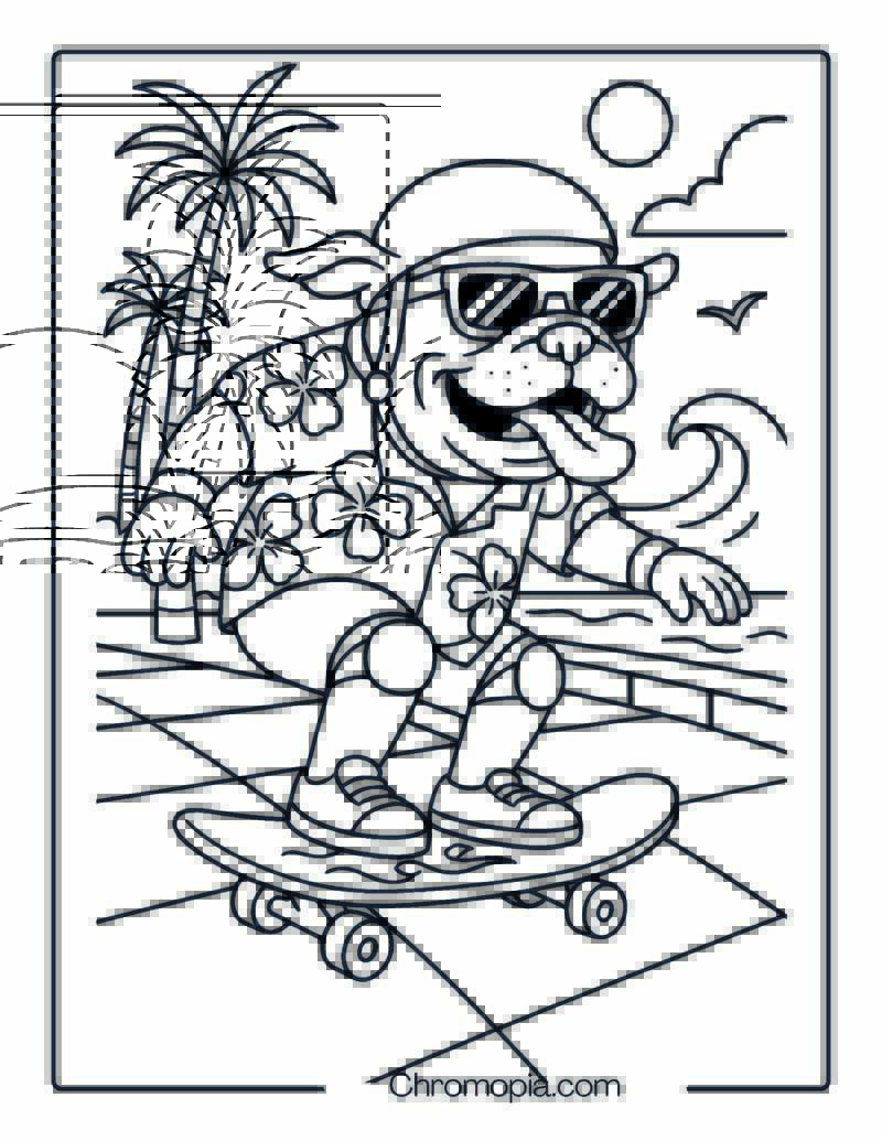 Bulldog Wearing Sunglasses Riding a Shortboard – Skateboard Coloring Page
