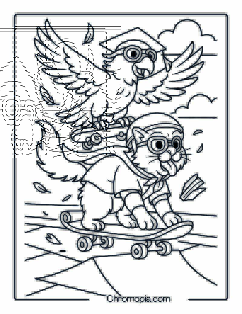 Cat and Parrot Duo on Double-Decker Skateboard – Skateboard Coloring Page