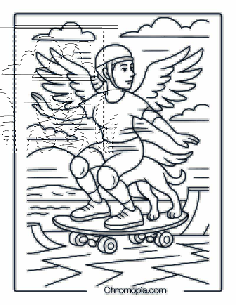 Dog-Human-Woman Combo Skater with Triple Stance – Skateboard Coloring Page