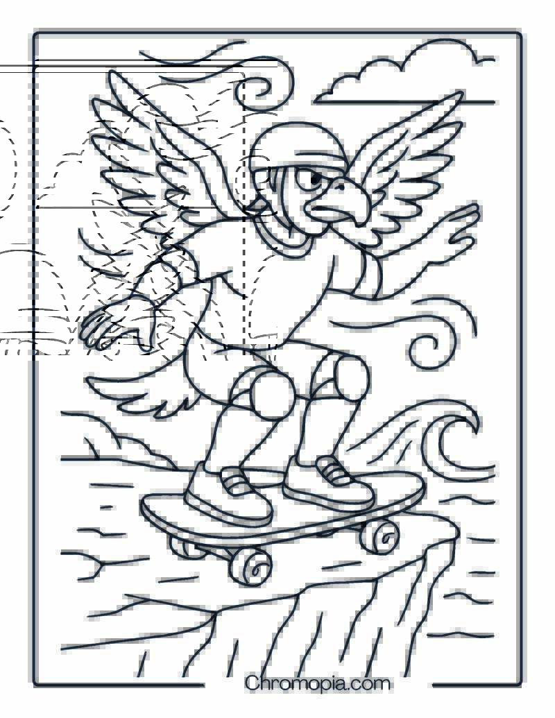 Man-Bird Hybrid Skater at Cliff’s Edge – Skateboard Coloring Page