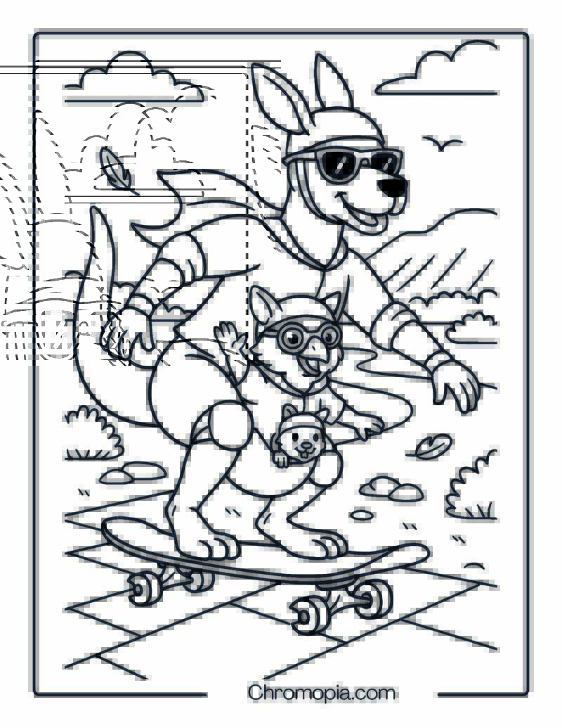 Skateboarding Kangaroo with Joey – Skateboard Coloring Page