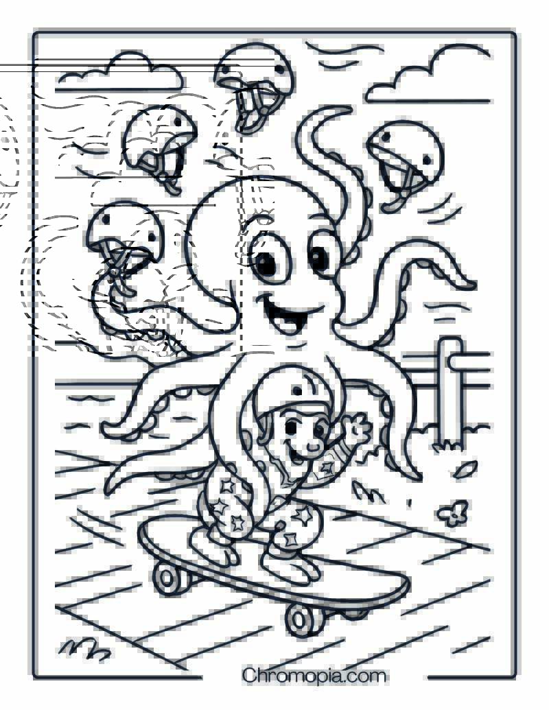 Skateboarding Octopus Juggling Helmets – Skateboard Coloring Page
