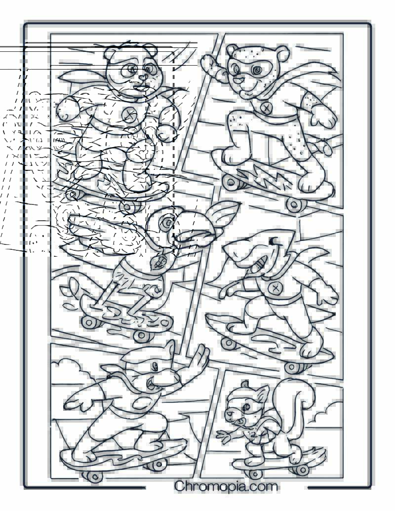 Superhero Animal League Skate-Off – Skateboard Coloring Page