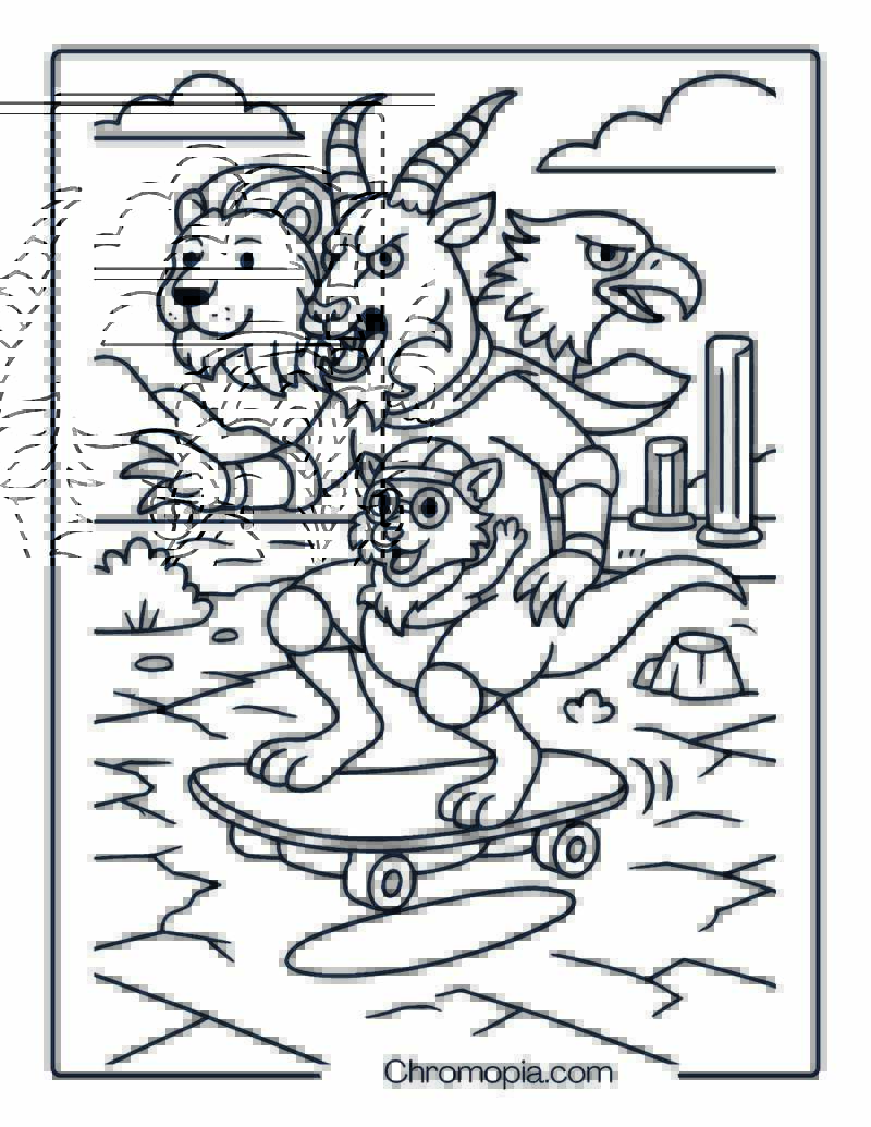 Three-Headed Chimera on Hover Skateboard – Skateboard Coloring Page
