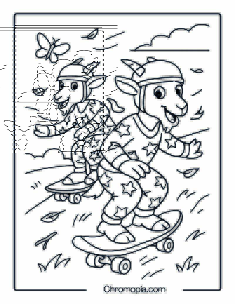 Two Goats in Pajamas Racing Downhill – Skateboard Coloring Page