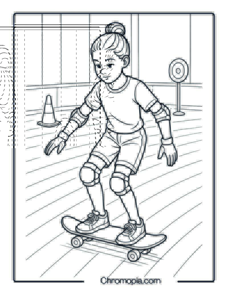11-Year-Old Girl Practicing on Indoor Skating Rink – Girl Skateboard Coloring Page