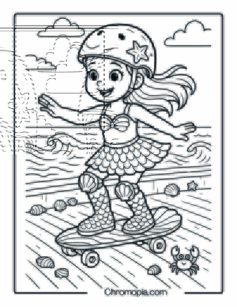 7-Year-Old Girl Riding Mermaid-Themed Skateboard – Girl Skateboard Coloring Page